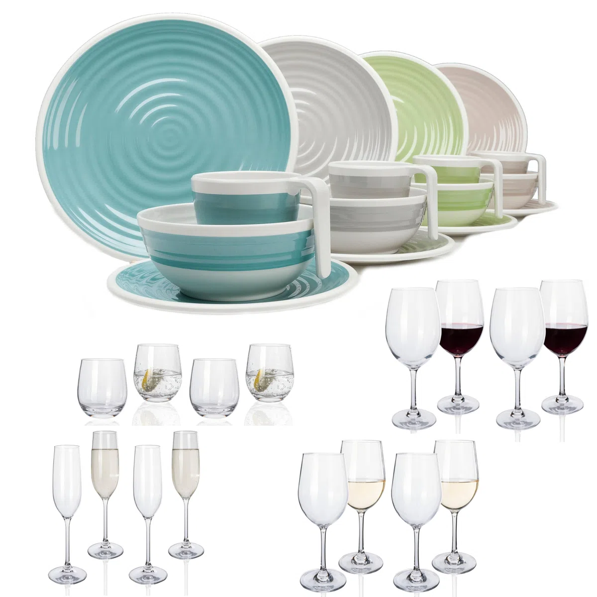 Vajilla de melamina para camping, 4 personas, armonía, 16 piezas + 16 vasos de agua, copas de vino, champán, vajilla de pícnic, barbacoa