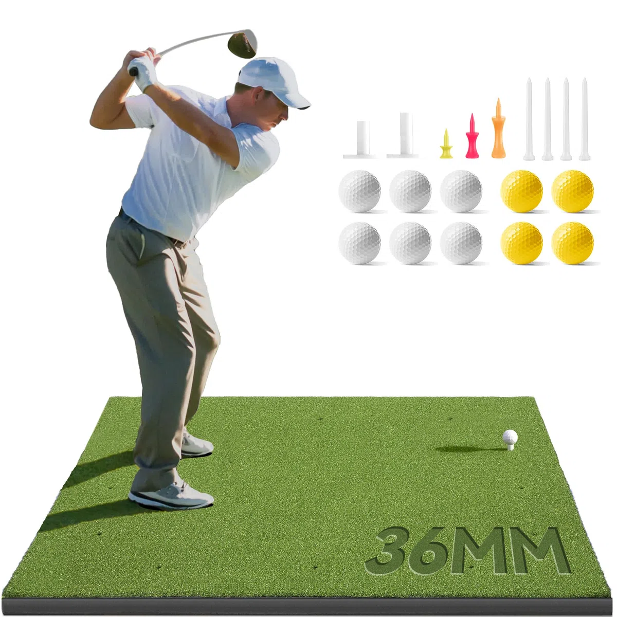 Golfguru Tapete de golf, 1.5 x 1.2 m, 36 mm, denso, Elite Golf Golf, práctica con 10 pelotas, 9 tees, entrenamiento de golpe artificial resistente mate para conducción en el patio trasero, simuladores