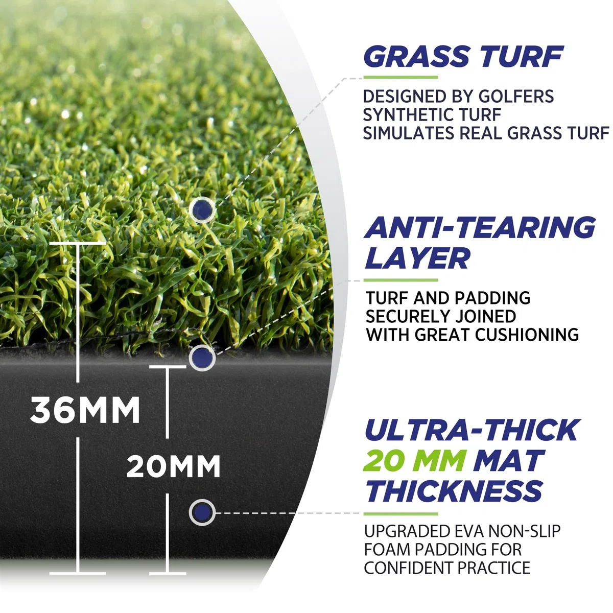 Golfguru Tapete de golf, 1.5 x 1.2 m, 36 mm, denso, Elite Golf Golf, práctica con 10 pelotas, 9 tees, entrenamiento de golpe artificial resistente mate para conducción en el patio trasero, simuladores